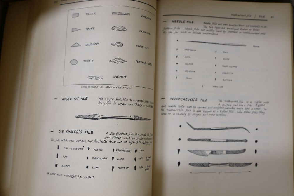 Mixed hand tools including a hatchet, together with the illustrated Encyclopedia of Woodworking Hand Tools and Devices by Graham Blackb